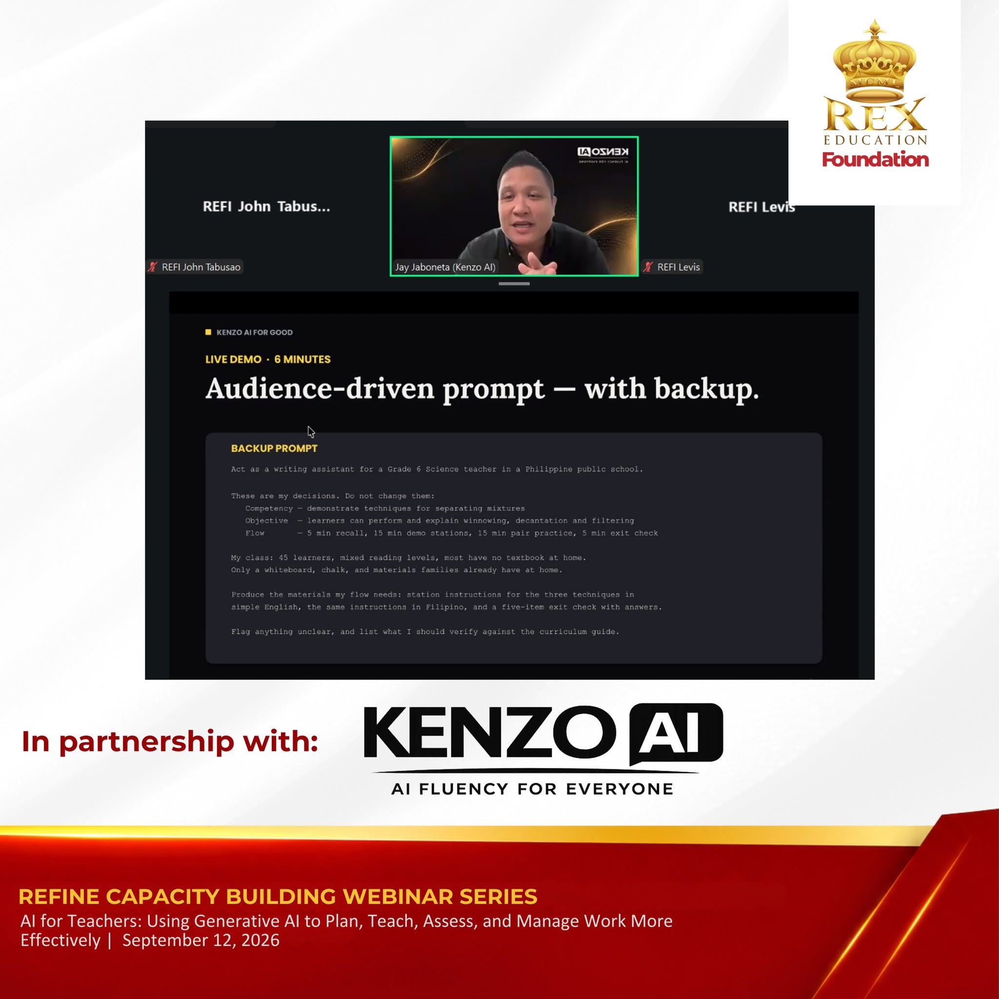 Kenzo AI for Good presentation during the REX Education Foundation REFIne webinar